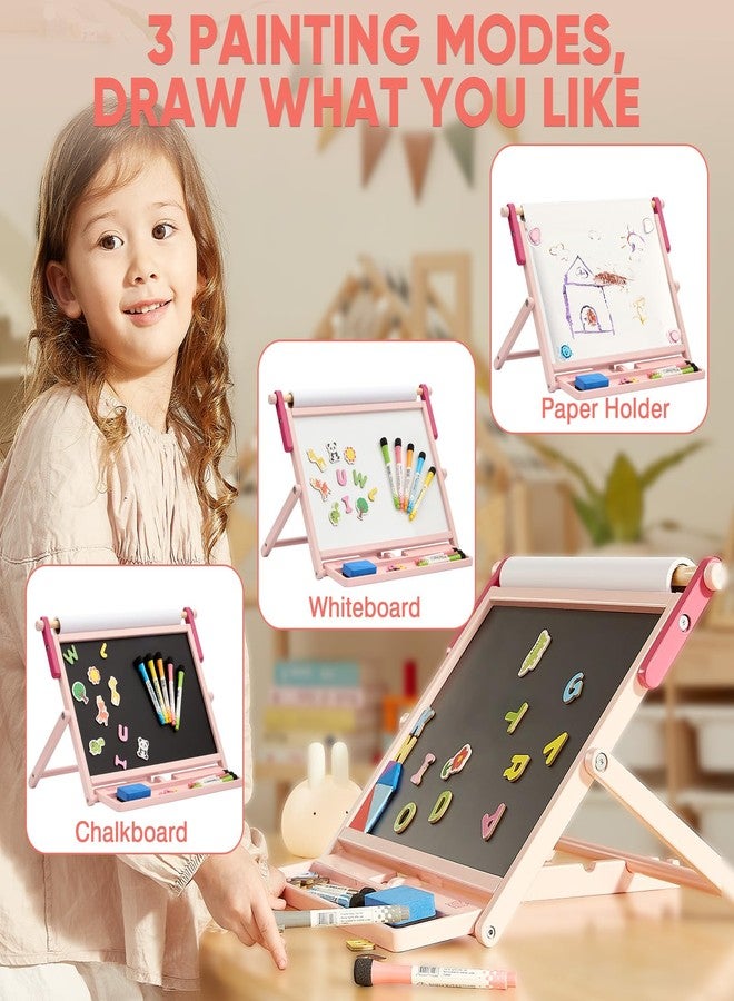 FUNLIO Double-Sided Tabletop Easel for Kids Ages 3+ (100+ Pcs), Wooden Magnetic Table Easel with 3 Adjustable Angles, Kids Easel with Whiteboard, Chalkboard & Paper Roll, Foldable&Anti-Warping - Pink - Image 3